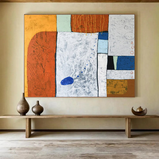 “Textured Color Blocks in Orange, White, and Blue” - Mixed - Media Abstract Art CT1807