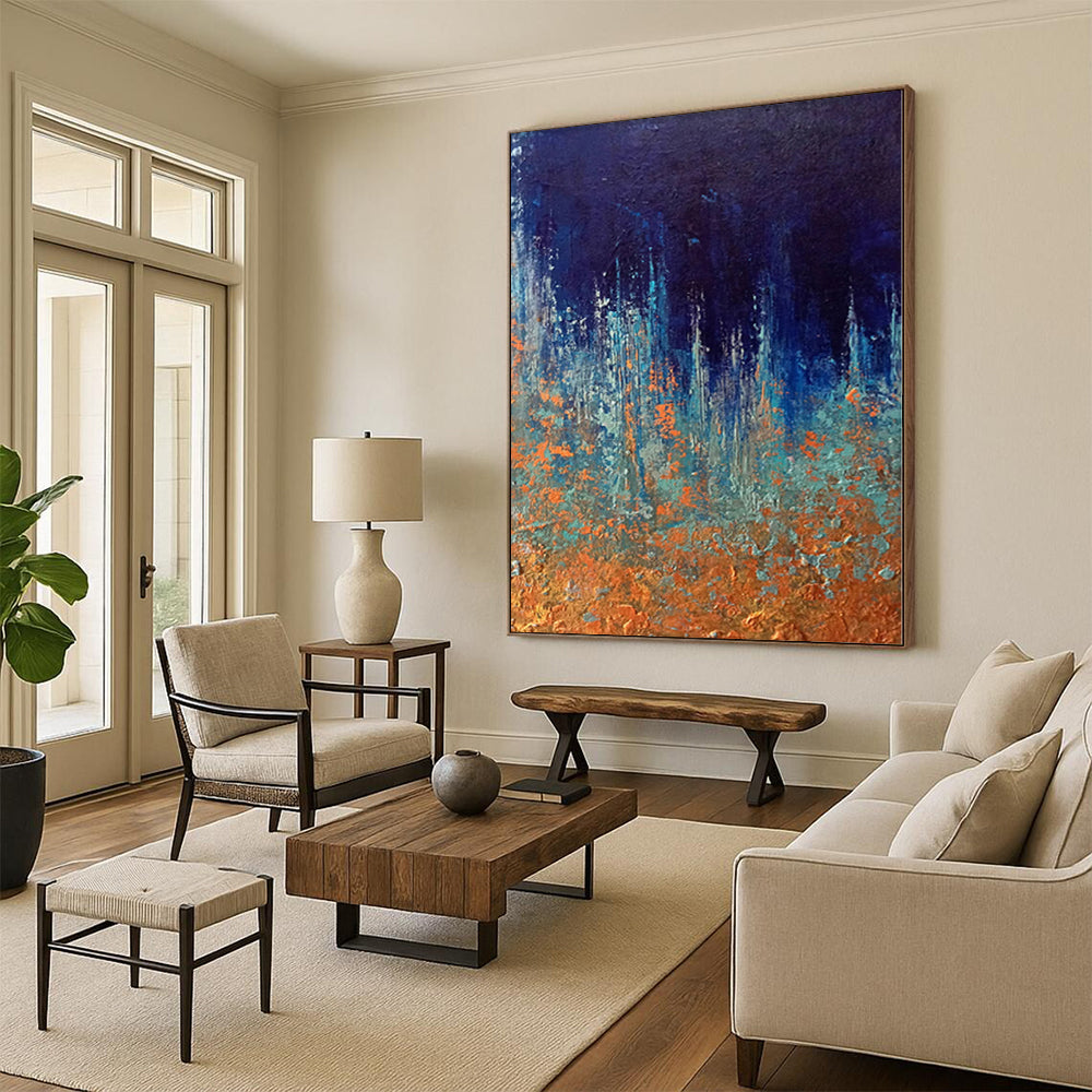 “Midnight Forest Sparkle” - Abstract Acrylic with Dark Blue, Teal, Orange CT0054
