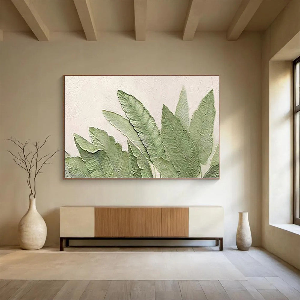“Hand - painted Green Leaves” - Relief - like green leaves on white CT1652