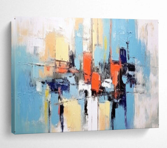 “Hand - painted Harbor Abstraction” - Color - blocked harbor scene in blue, orange, and yellow CT1646
