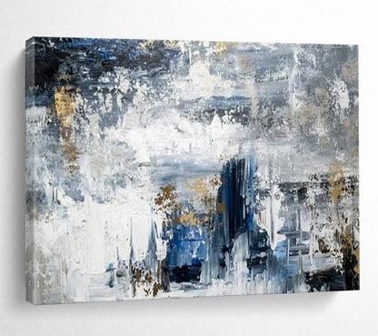 “Blue - Gray Gold Abstract” - Blues, grays, golds; textured, moody abstraction with gold accents CT1623