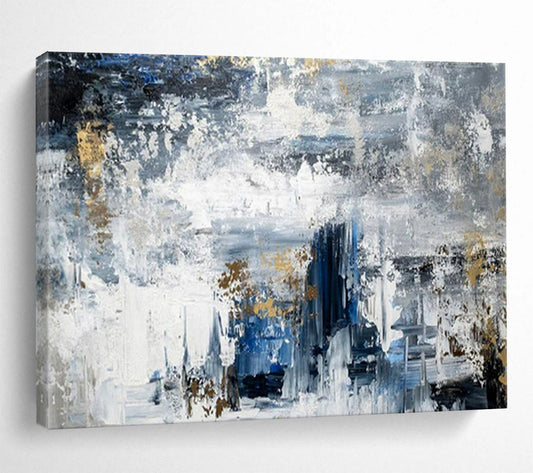“Blue - Gray Gold Abstract” - Blues, grays, golds; textured, moody abstraction with gold accents CT1623