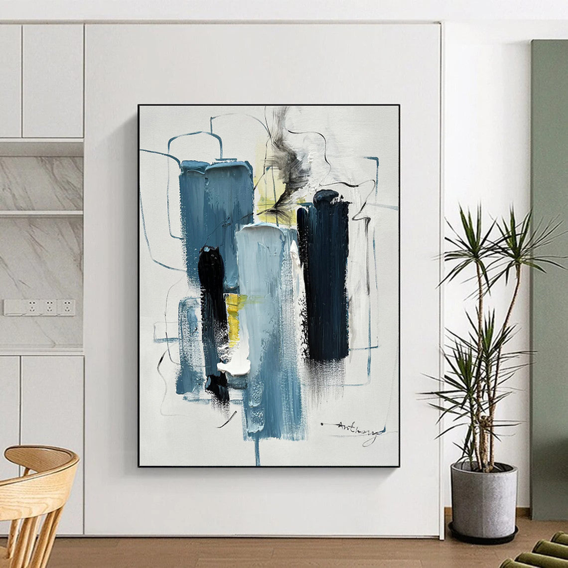 “Blue - Toned Abstract Forms with Lines”，Abstract Contemporary Acrylic Painting CT0516