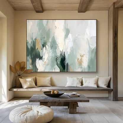 “Mint & Gold Dreamscape” – Soft greens, whites, golds with fluid, abstract acrylic forms CT1693