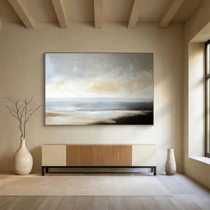 “Muted Coastal Calm” – Grays, beiges, soft blues painting a serene, minimalist seascape CT1701