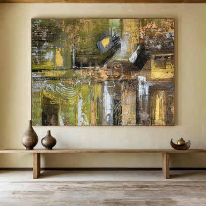 “Olive - Gold Abstract Mosaic” - Greens, olives, golds; textured geometric abstraction CT1605