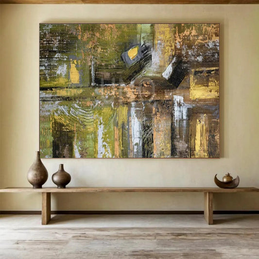 “Olive - Gold Abstract Mosaic” - Greens, olives, golds; textured geometric abstraction CT1605