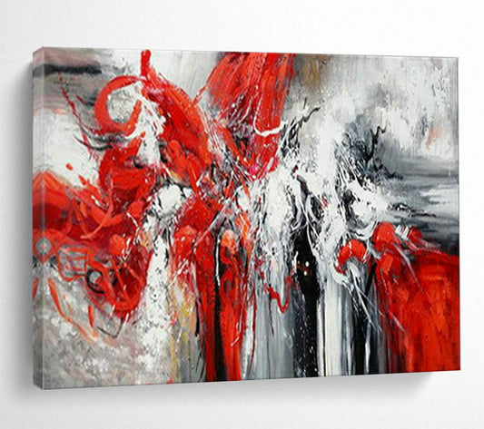 “Scarlet Rhapsody” - Red, white, gray; dynamic, swirling red forms against muted background CT1485