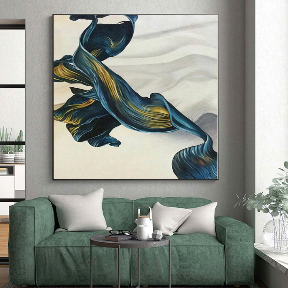 “Flowing Blue - Gold Ribbons” Abstract Acrylic Art CT0301