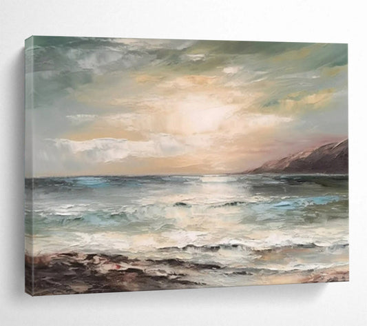 “Sunset Ocean View” - Hues of blue, green, beige, and warm sunset tones; a soft, painterly ocean under a glowing sky CT1546