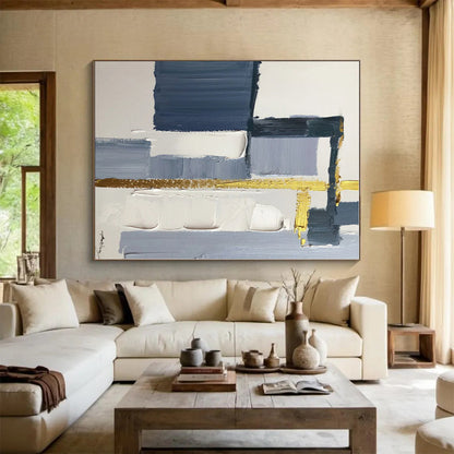 “Grey - Blue Geometry with Gold Accents”，Abstract Geometric Oil Painting CT0514