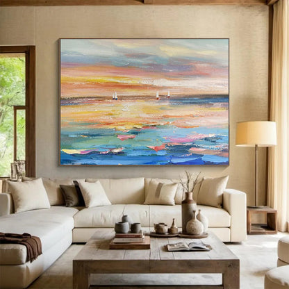 “Sailboats in Sunset Hues” – Impressionistic Seascape Oil Painting CT1745