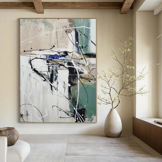 “Black - White - Green Abstract Chaos” Expressionistic Acrylic Art CT0202