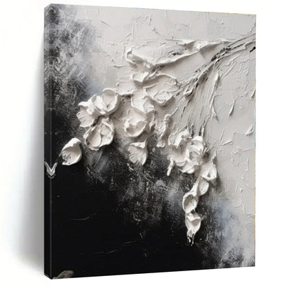 “3D White Flowers on Black”，Abstract Impasto Oil Painting CT0580