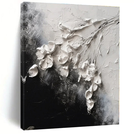 “3D White Flowers on Black”，Abstract Impasto Oil Painting CT0580