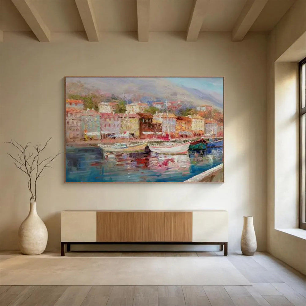 Harbor Scene with Colorful Boats and Buildings - Impressionistic Oil Painting CT1800