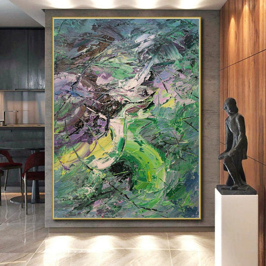 “Vibrant Green - Purple Abstract Chaos”，Expressionist Abstract Painting CT0353