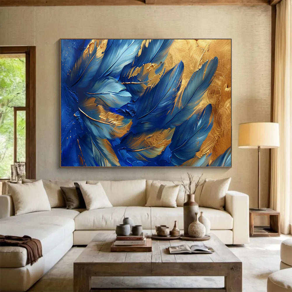 “Blue Feathers with Gold Accents” – Nature - Inspired Acrylic Painting CT1708