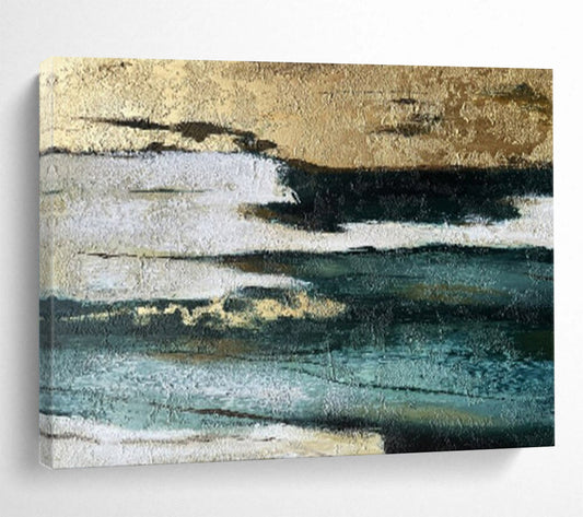 “Gold - Teal Textured Layers” - Teals, golds, whites; layered, textured abstraction with metallic highlights CT1633