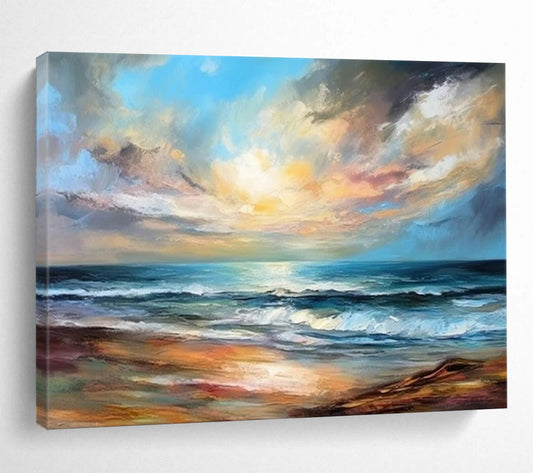 “Seaside Sunset Glow” - Blues, oranges, yellows; vibrant sunset over ocean waves CT1595