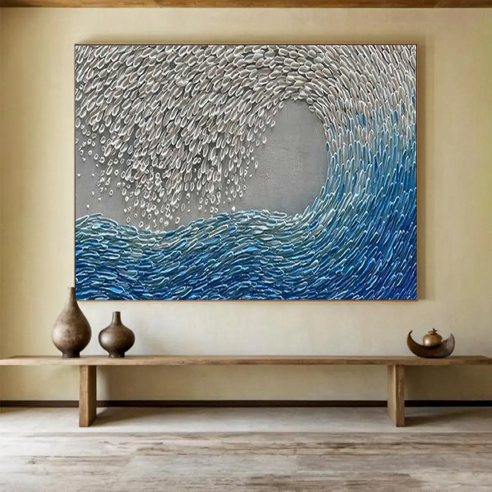“Hand - painted Silver and Blue Wave” - Textured wave with silver and blue CT1654