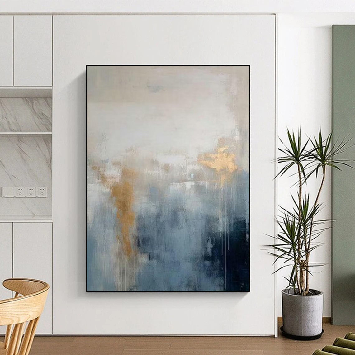 “Blue - Gray - Gold Abstract Mist” Abstract Acrylic Art CT0250
