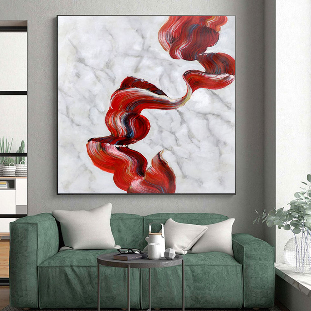 “Flowing Red - White Marble Ribbons” Abstract Acrylic Art CT0307