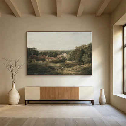 “Rural Idyll in Hues” - Greens, browns, soft tones; detailed pastoral village scene CT1609