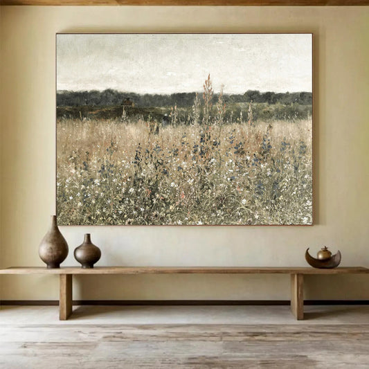 “Wildflower Field in Neutral” - Browns, greens, soft whites; detailed, muted meadow scene CT1612