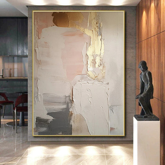 “Blush & Gold Layers” - Abstract Art with Pink, Gold, Gray, White CT0092