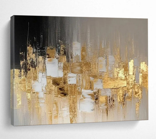 “Gilded Urban Silhouette” - Black, gray, gold; abstract squares and lines form a city - like shape CT1555