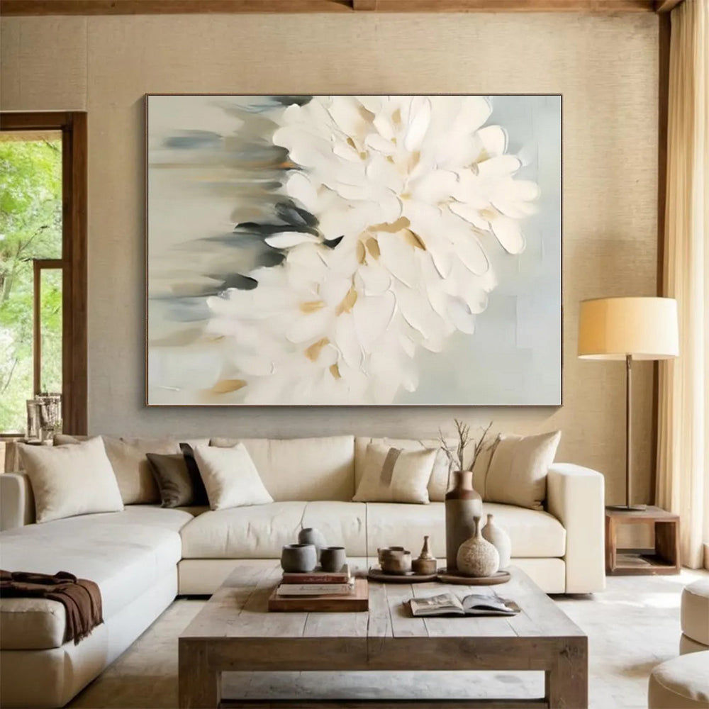 “Textured White Flowers”，Abstract Floral Impasto Painting CT0543