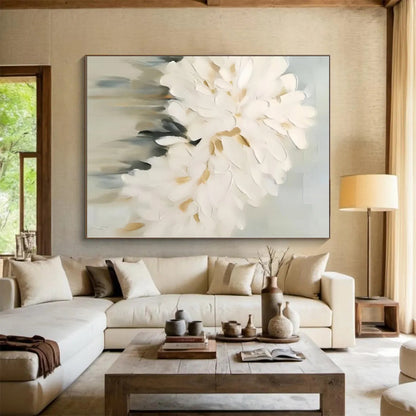 “Textured White Flowers”，Abstract Floral Impasto Painting CT0543