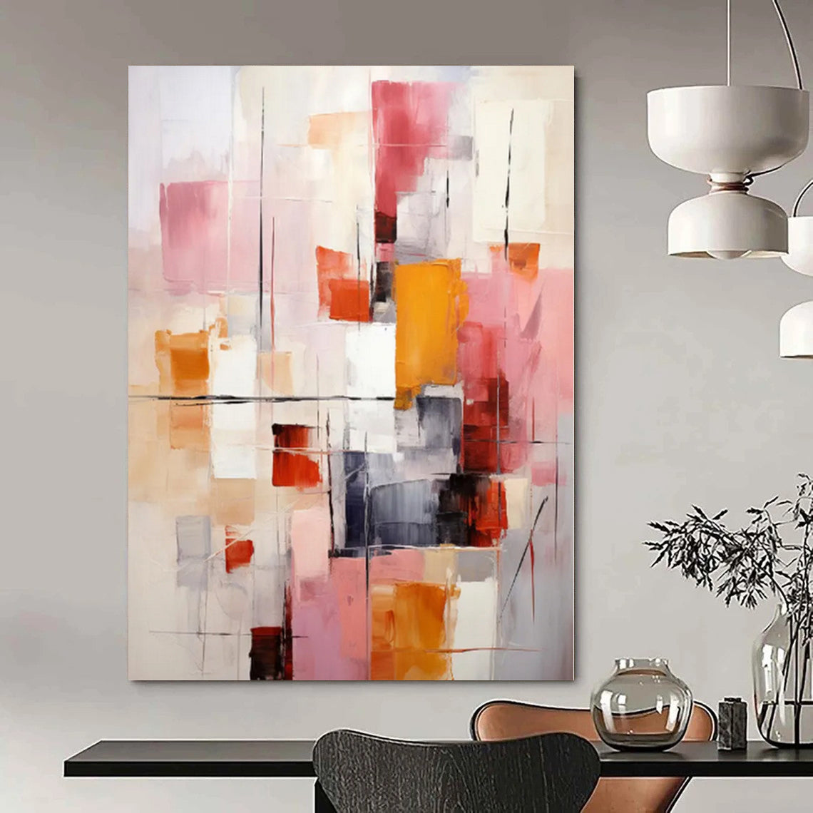 “Pink - Orange - Gray Abstract Composition” Modernist Acrylic Art CT0189