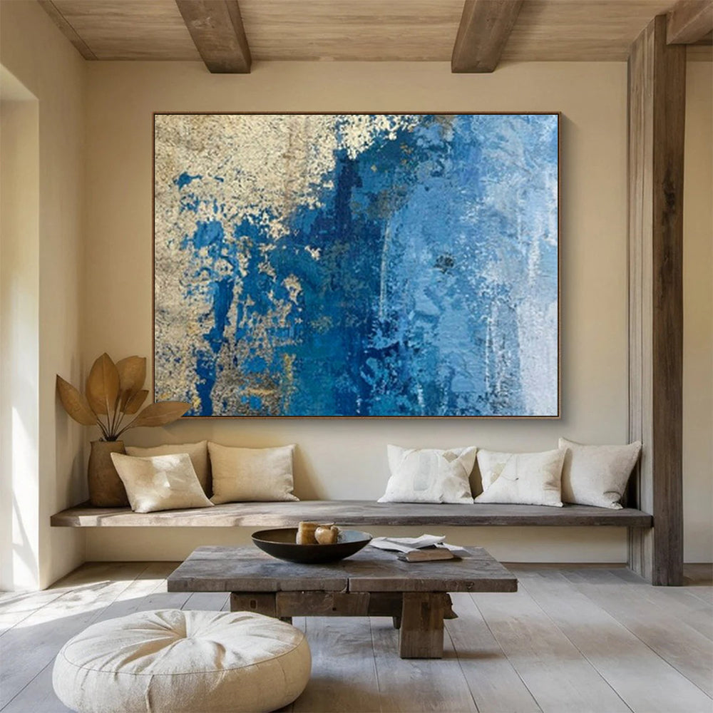 “Blue - Gold Cracked Abstraction” - Blues, golds, whites; cracked - texture abstraction with metallic accents CT1634