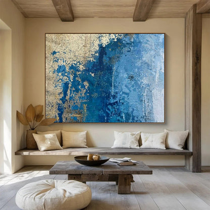 “Blue - Gold Cracked Abstraction” - Blues, golds, whites; cracked - texture abstraction with metallic accents CT1634