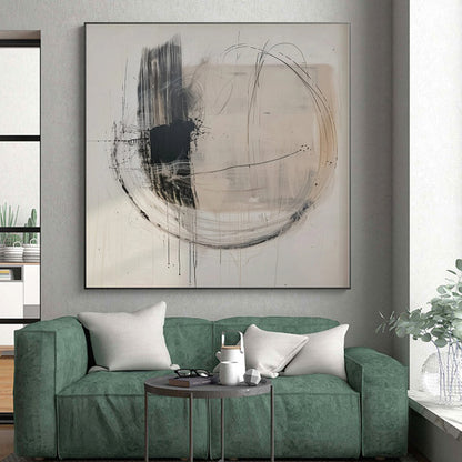 “Beige - Black Dynamic Circles” Abstract Acrylic Art CT0273
