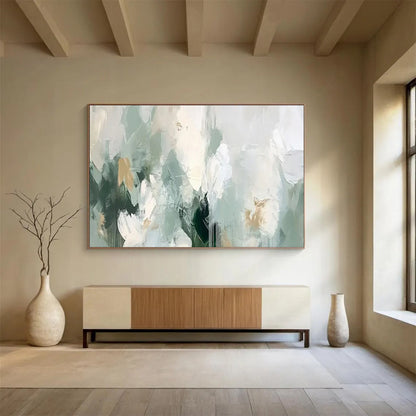 “Mint & Gold Dreamscape” – Soft greens, whites, golds with fluid, abstract acrylic forms CT1693