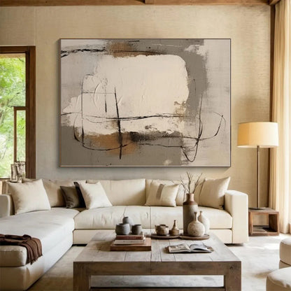 “Neutral Shapes with Black Lines”，Abstract Geometric Oil Painting CT0541