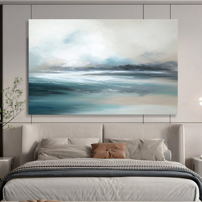 “Soft - Toned Seaside” - A hazy seascape in light blue, white, and gray CT1638